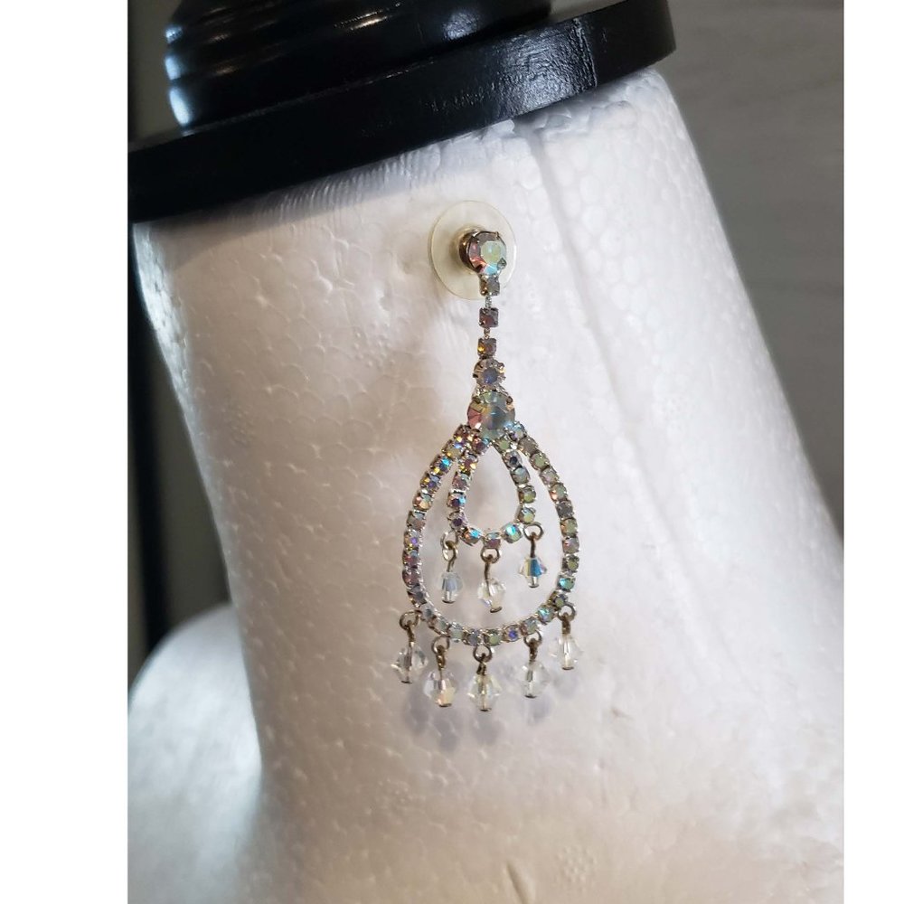 Rhinestone and Clear Beaded Silver Chandelier Earrings